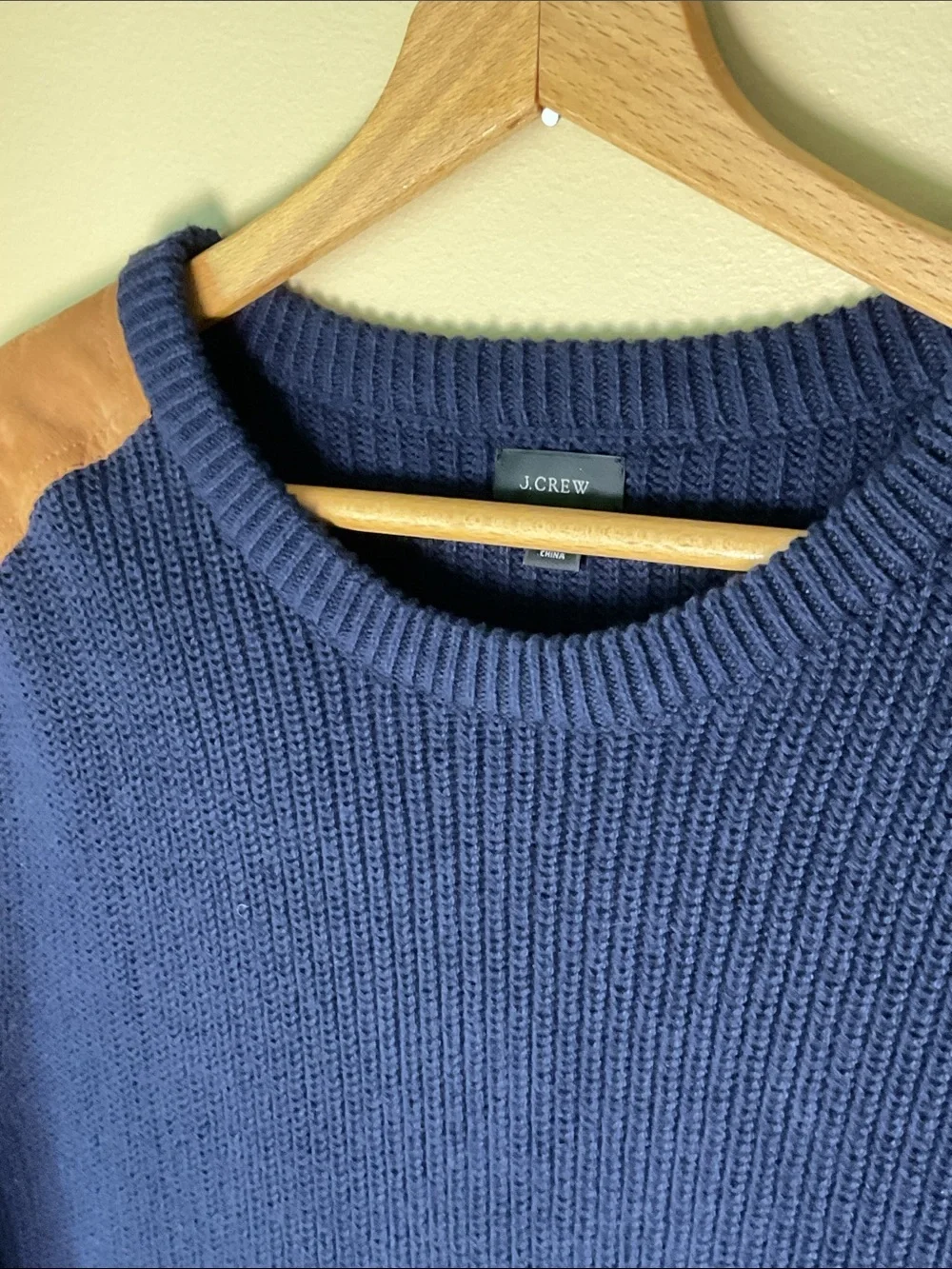 J. Crew Woodsman Navy  Sweater with Brown Cotton Sueded Shoulder Patches Size L